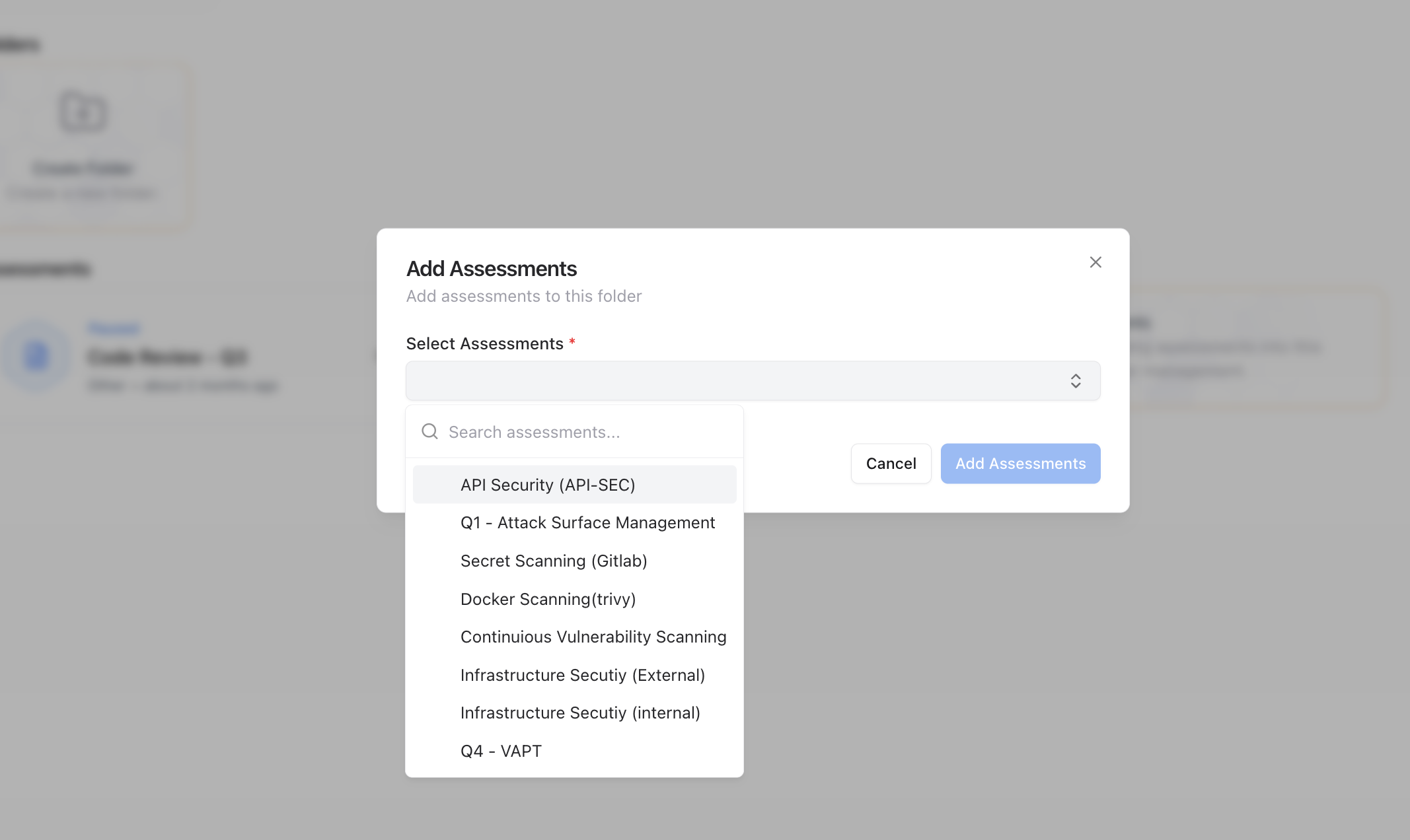 Modal showing selection of assessments to add to a folder