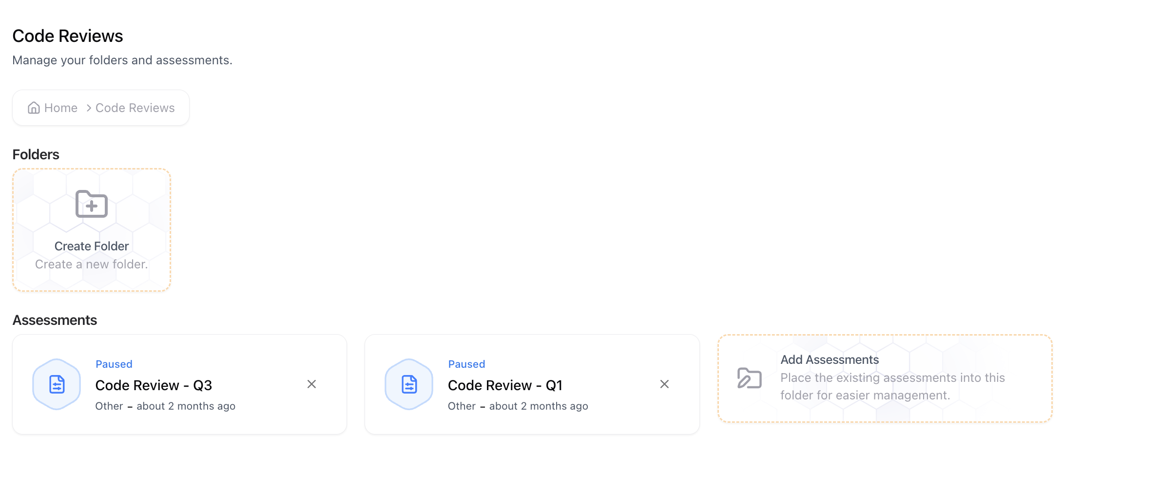 Create folder modal for organizing assessments into groups