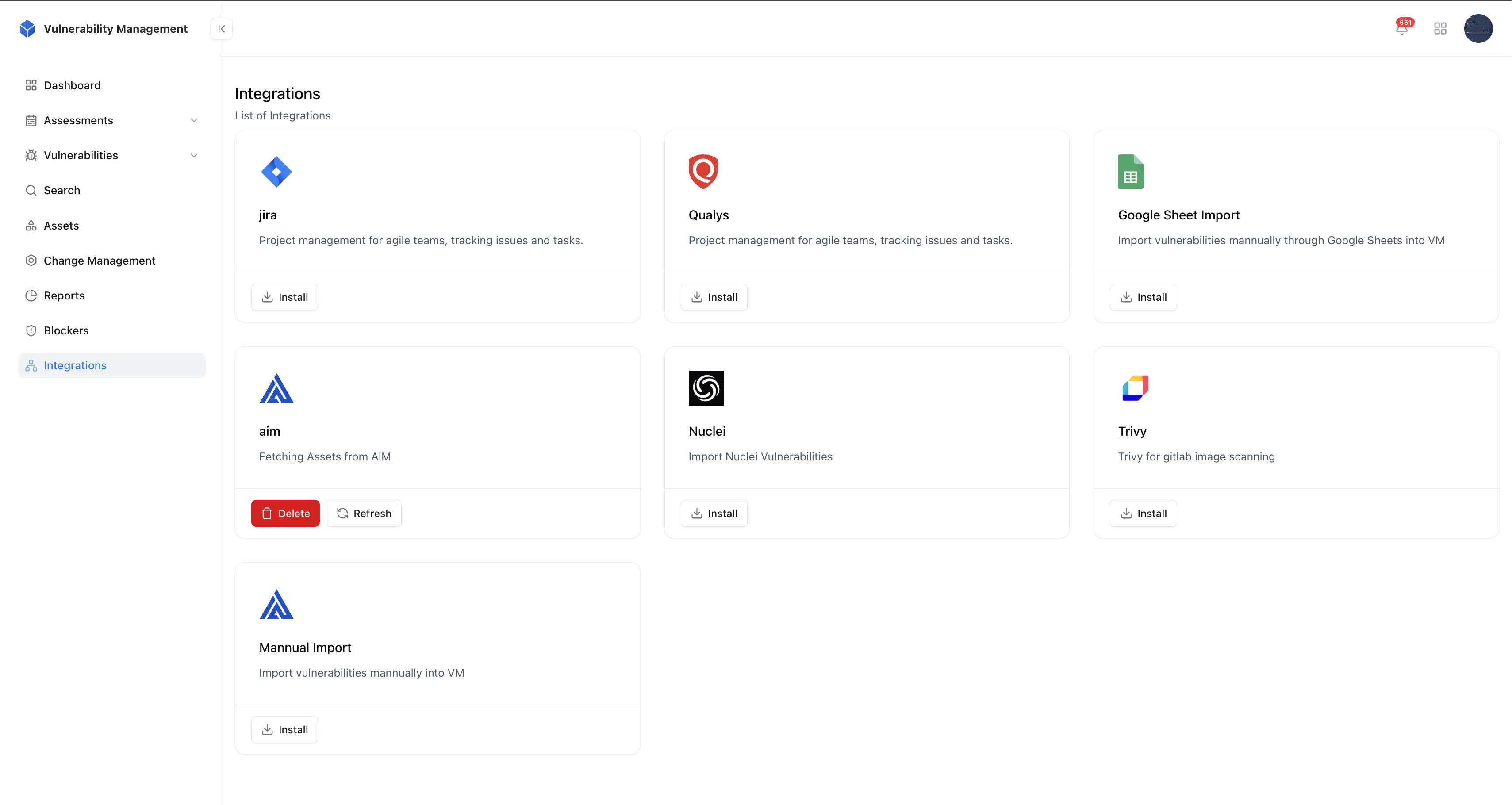 Integrations page displaying connected apps like Qualys, Jira, AIM, Trivy, and Nuclei