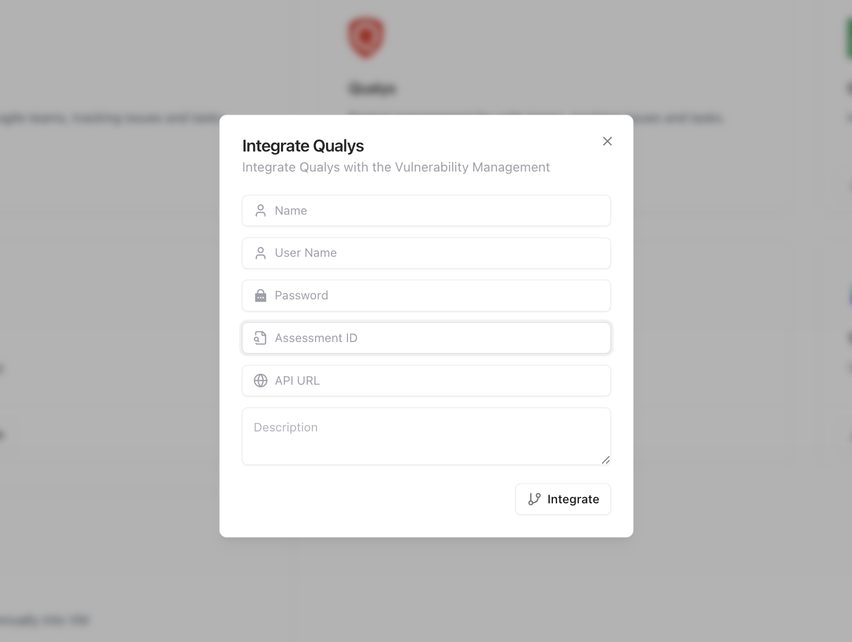 Integration setup modal showing credentials and API connection for Qualys adapter