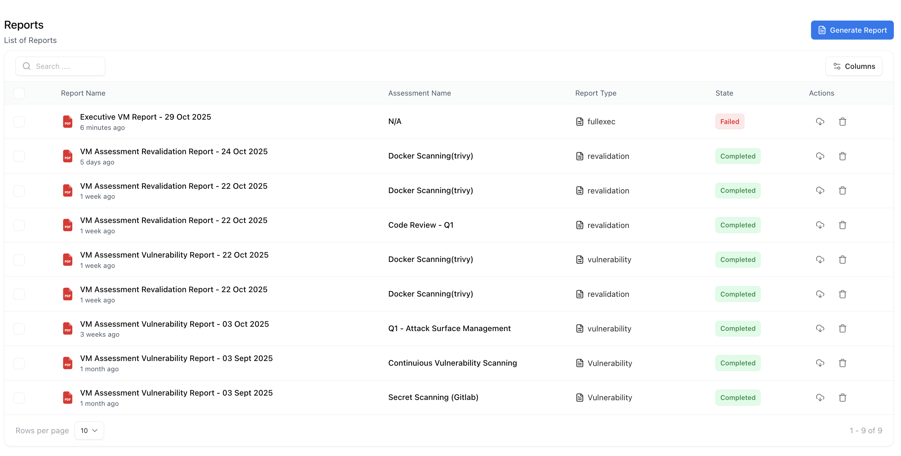 List of reports with types, states, and actions in Snapsec VM Reports page