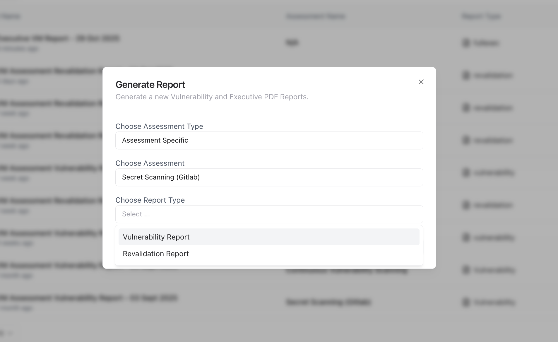 Generate Report modal displaying available report types and assessment selection
