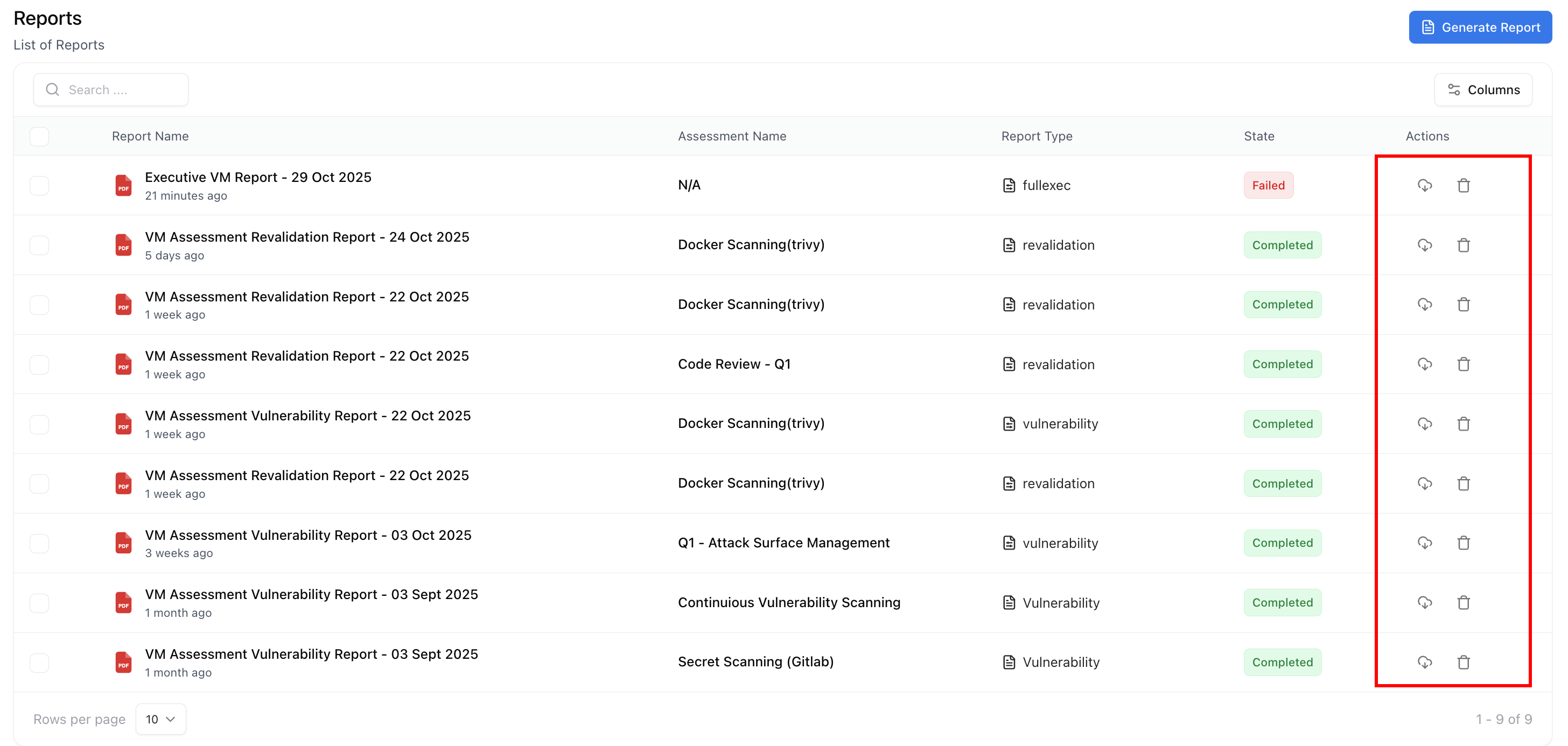 Reports table showing different report types, states, and quick action buttons