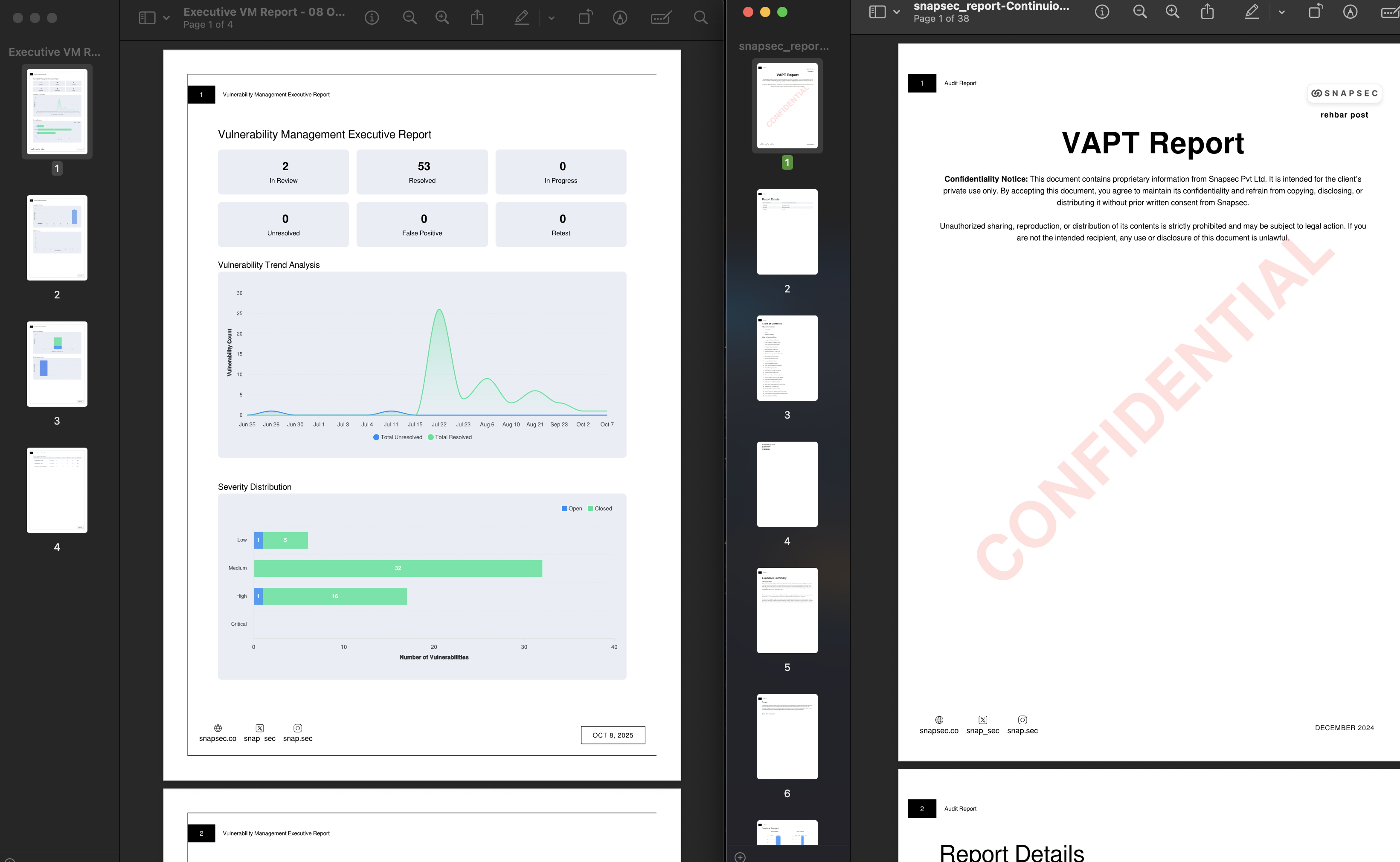Report generation modal with options for Full Executive, Asset Specific, Assessment Specific, and Change Request reports