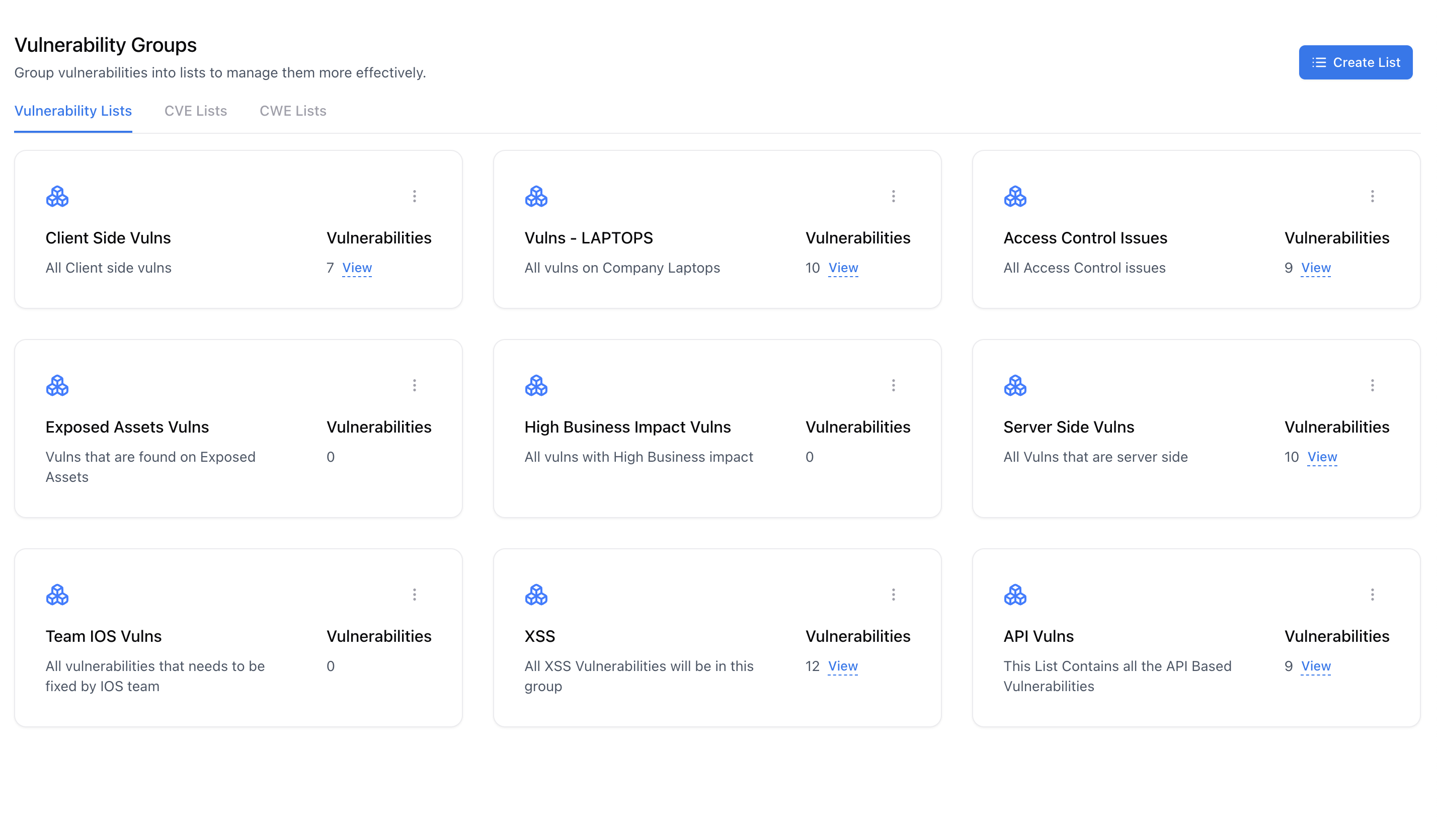 Dashboard view showing vulnerability groups like XSS and API Vulns