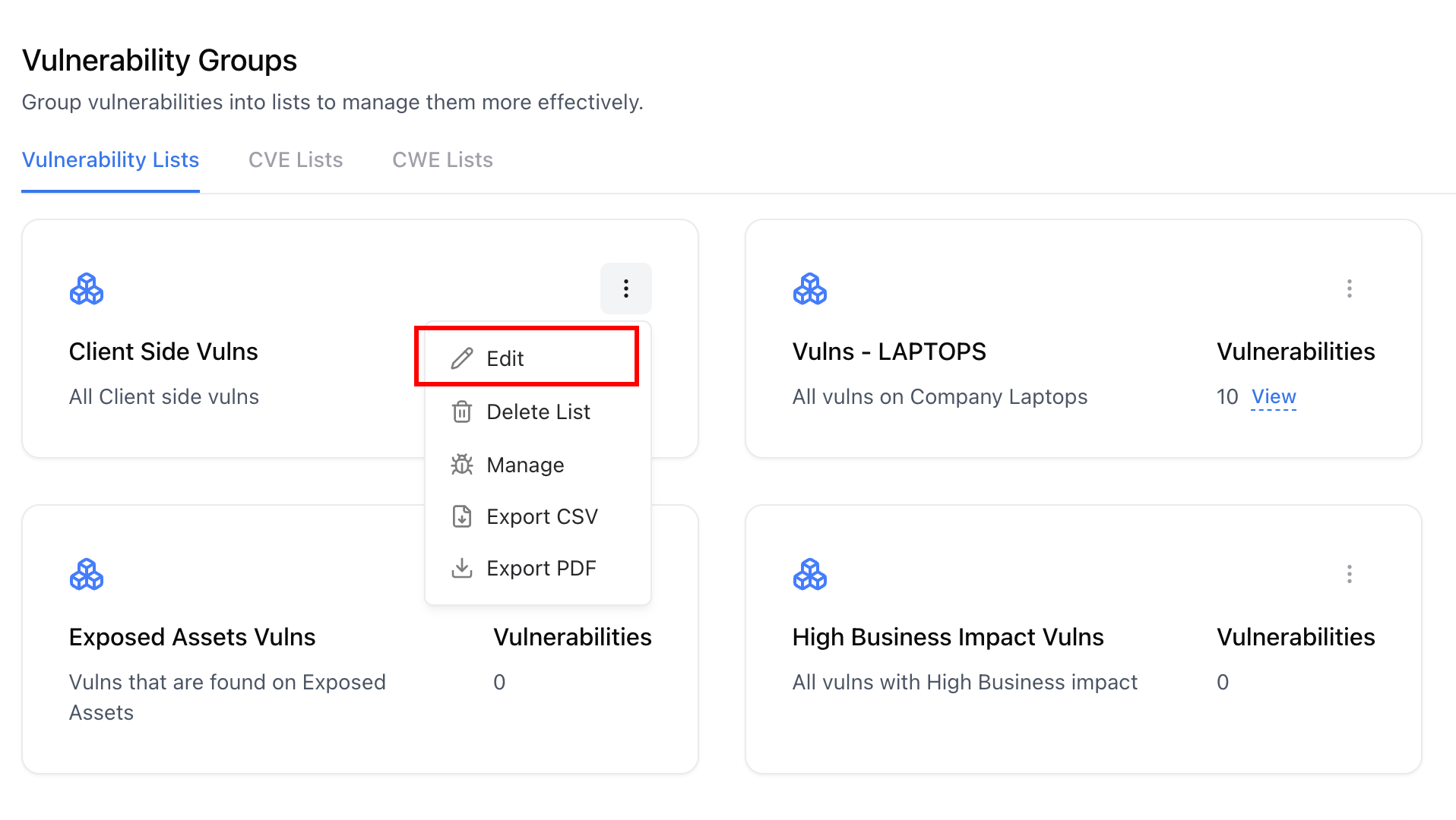 Menu options for editing, managing, or exporting vulnerability groups