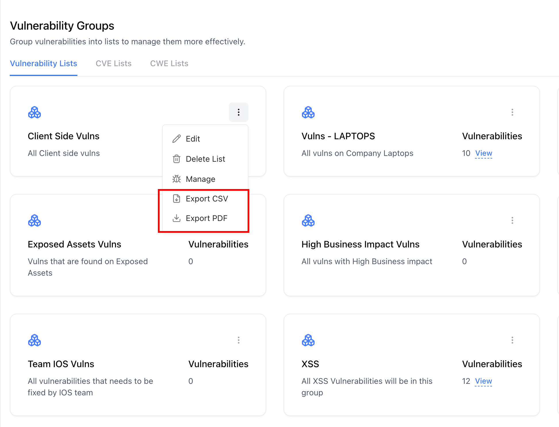 Dashboard view showing vulnerability groups like XSS and API Vulns