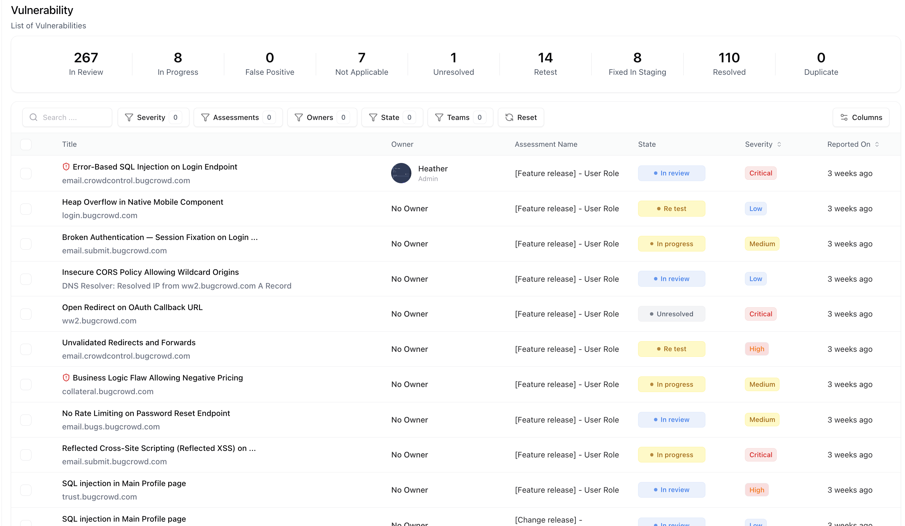 Vulnerability Management list showing all vulnerabilities with filters and states