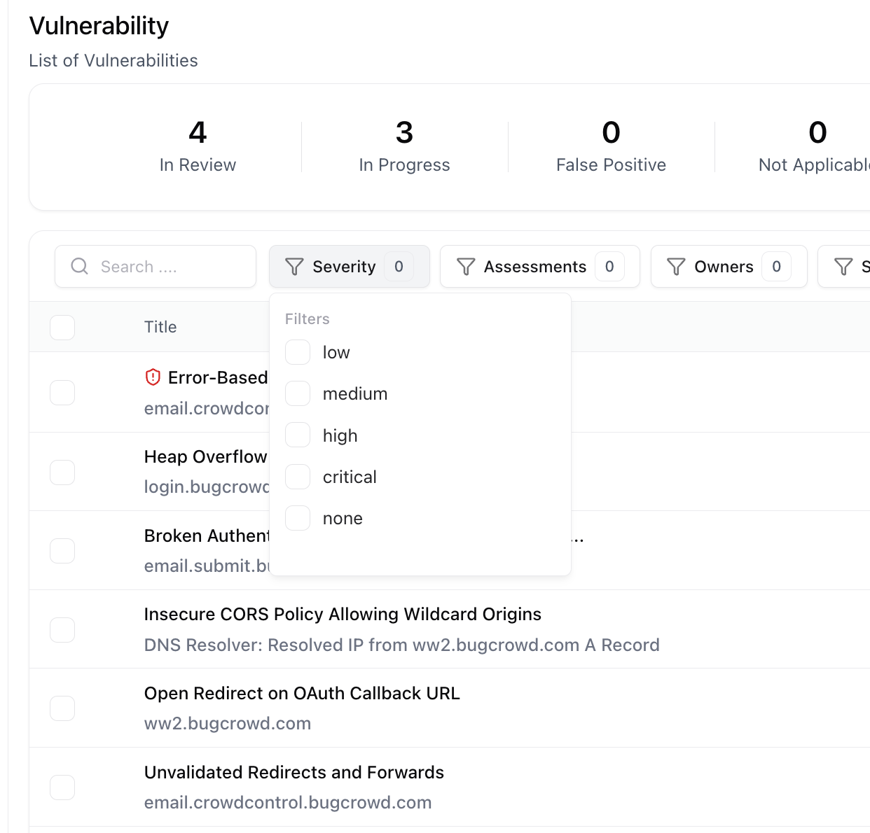 Filtering toolbar with filters for severity, assessment, owner, state, and teams