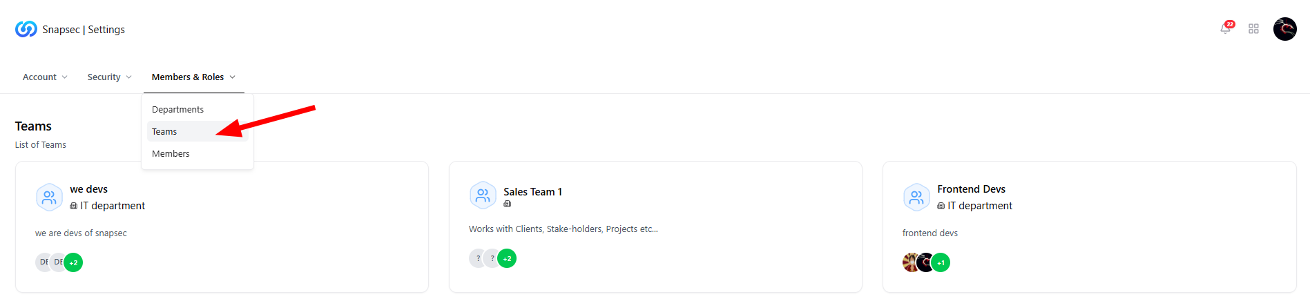 Teams list showing teams mapped to departments with members
