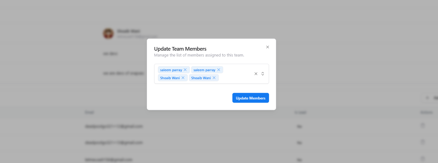 Modal to update team members using multi-select input