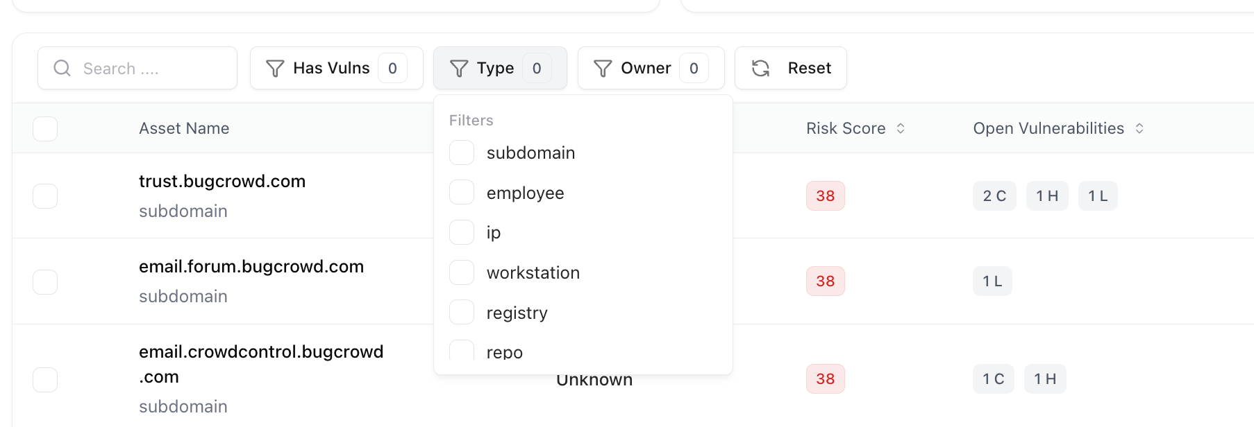 Asset filters bar for filtering by type, owner, and vulnerability status