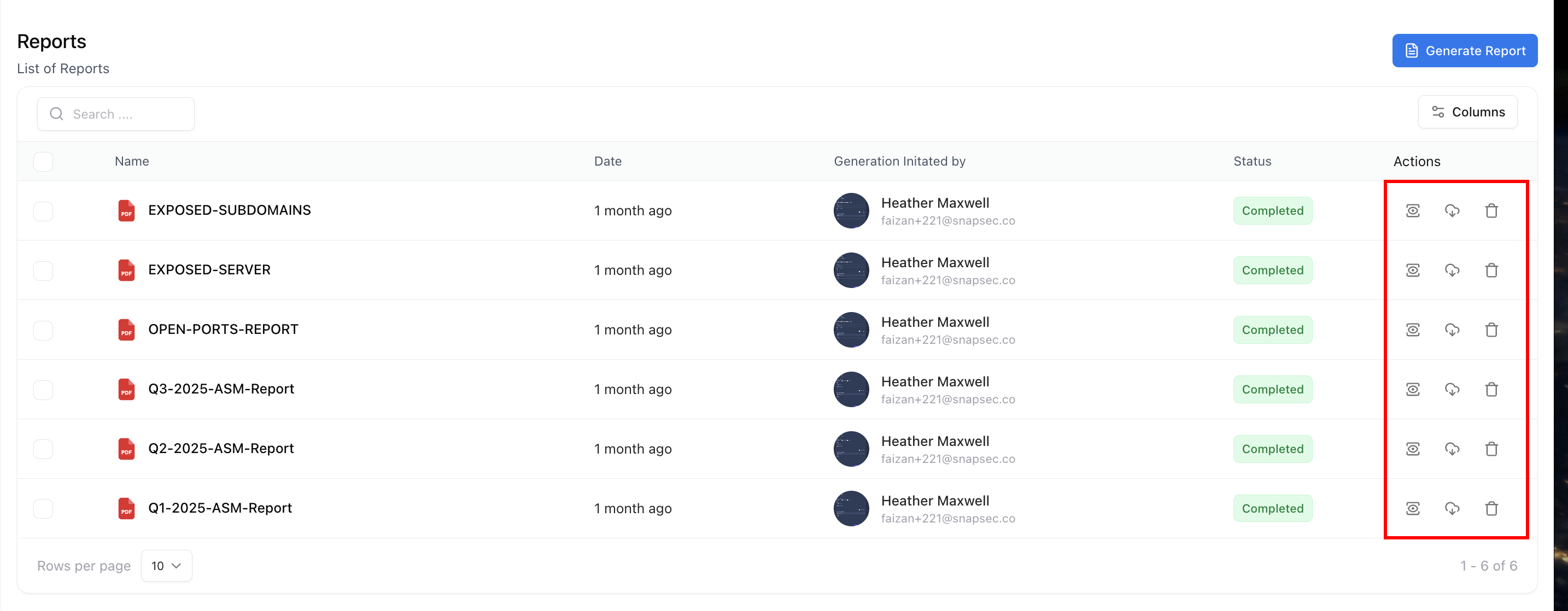 Report Actions (view, download, delete)