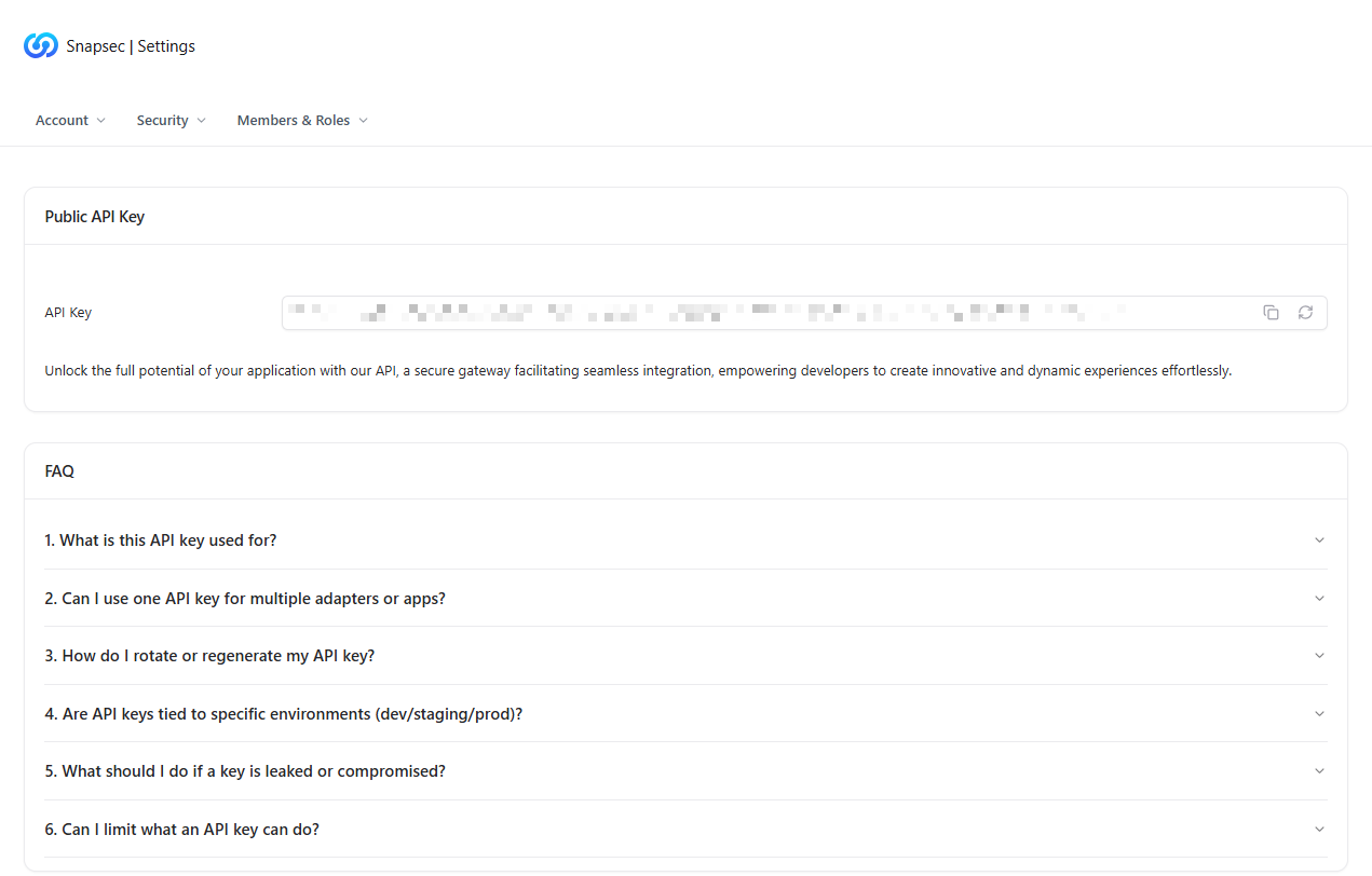 Public API key displayed with copy and regenerate options