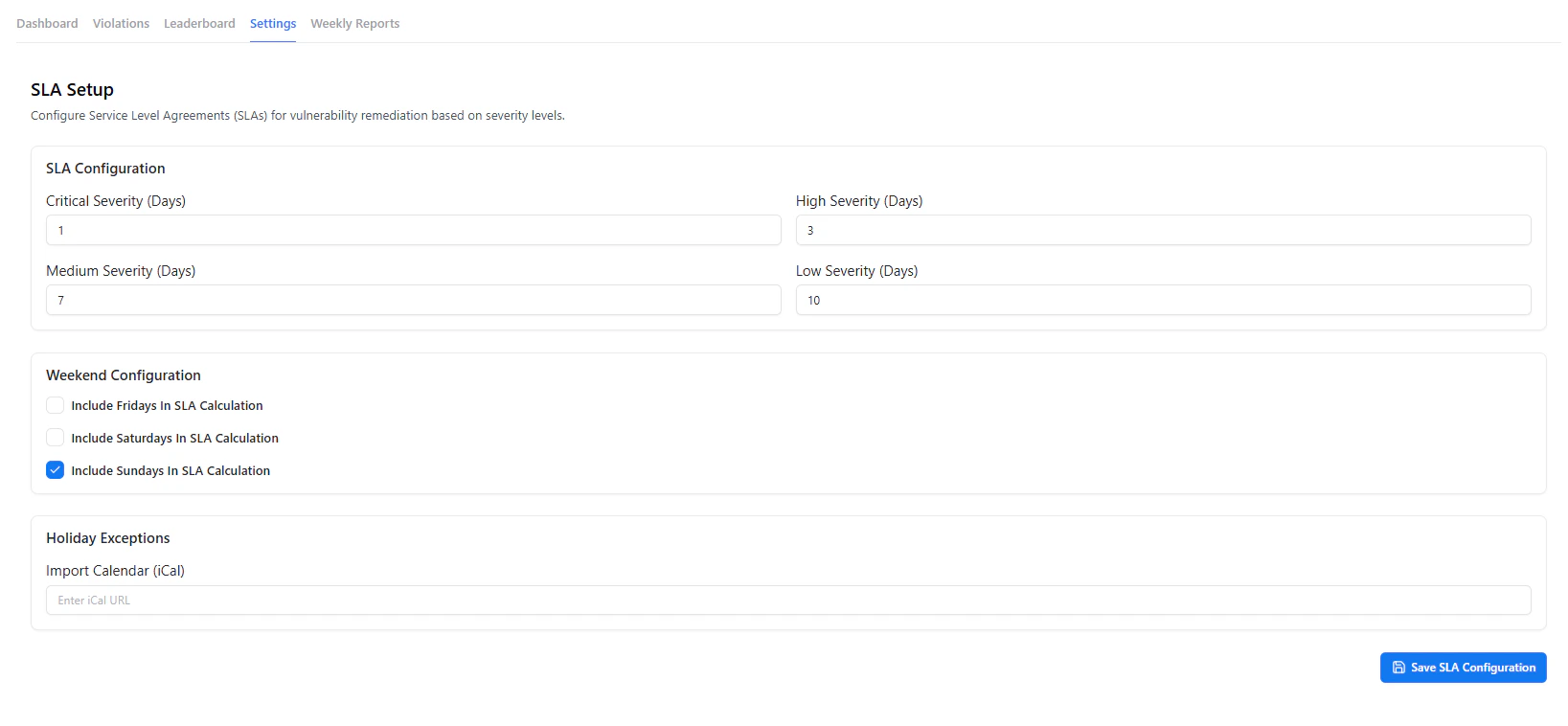 SLA configuration settings for severity and weekends