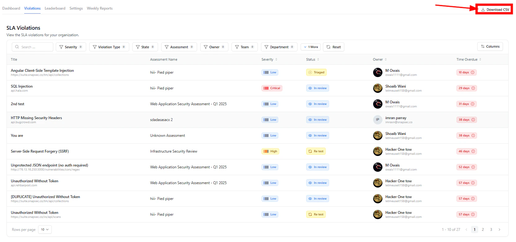 Column toggle and export CSV in SLA violations