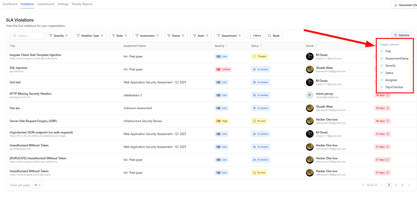 SLA violations table with filters and controls