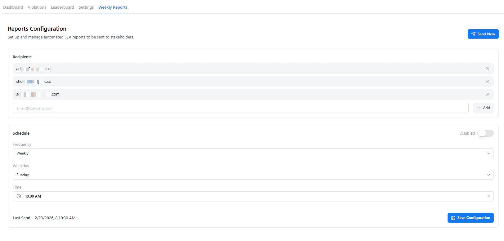 Weekly SLA report scheduling and recipients configuration