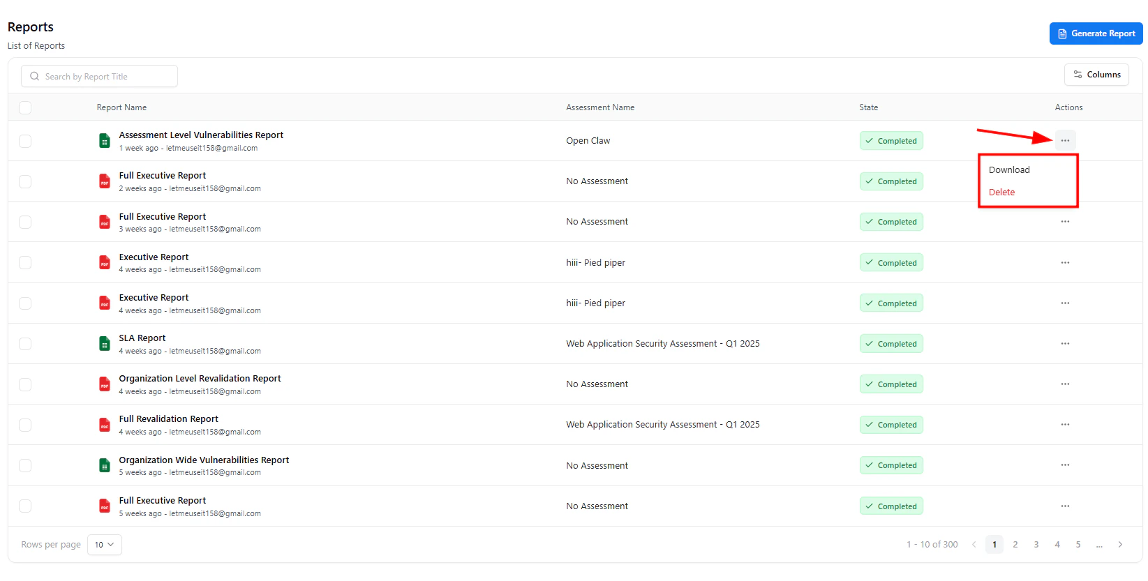 Reports table showing actions menu with download and delete options