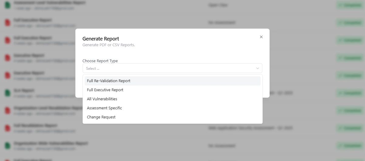 Generate report modal showing available report types