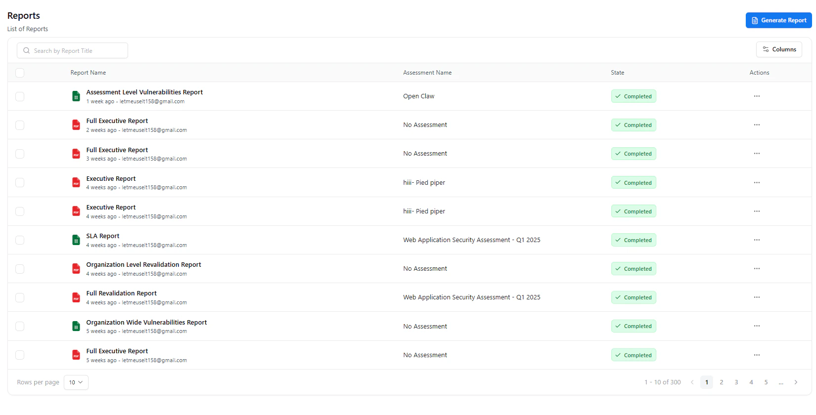 Reports page showing report list, search bar, and generate report button
