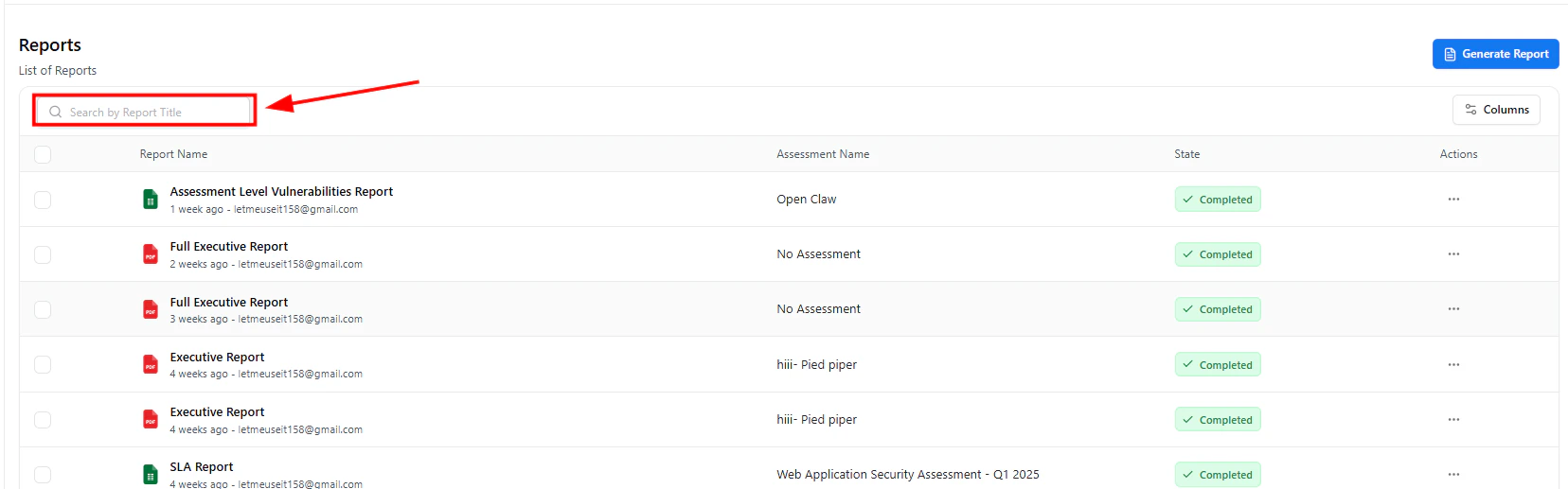 Search bar for filtering reports by title