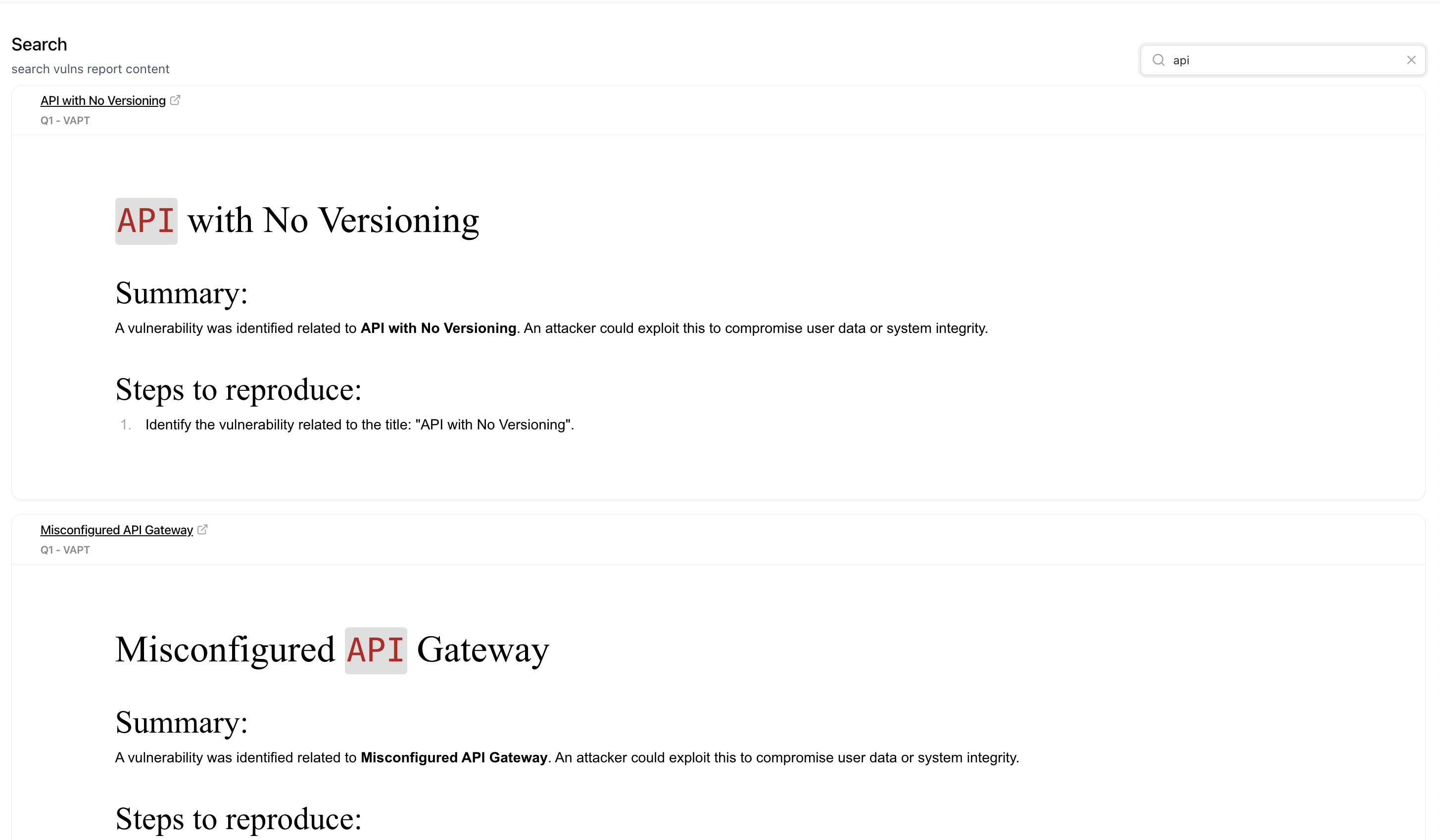 Vulnerability search results with highlighted keywords