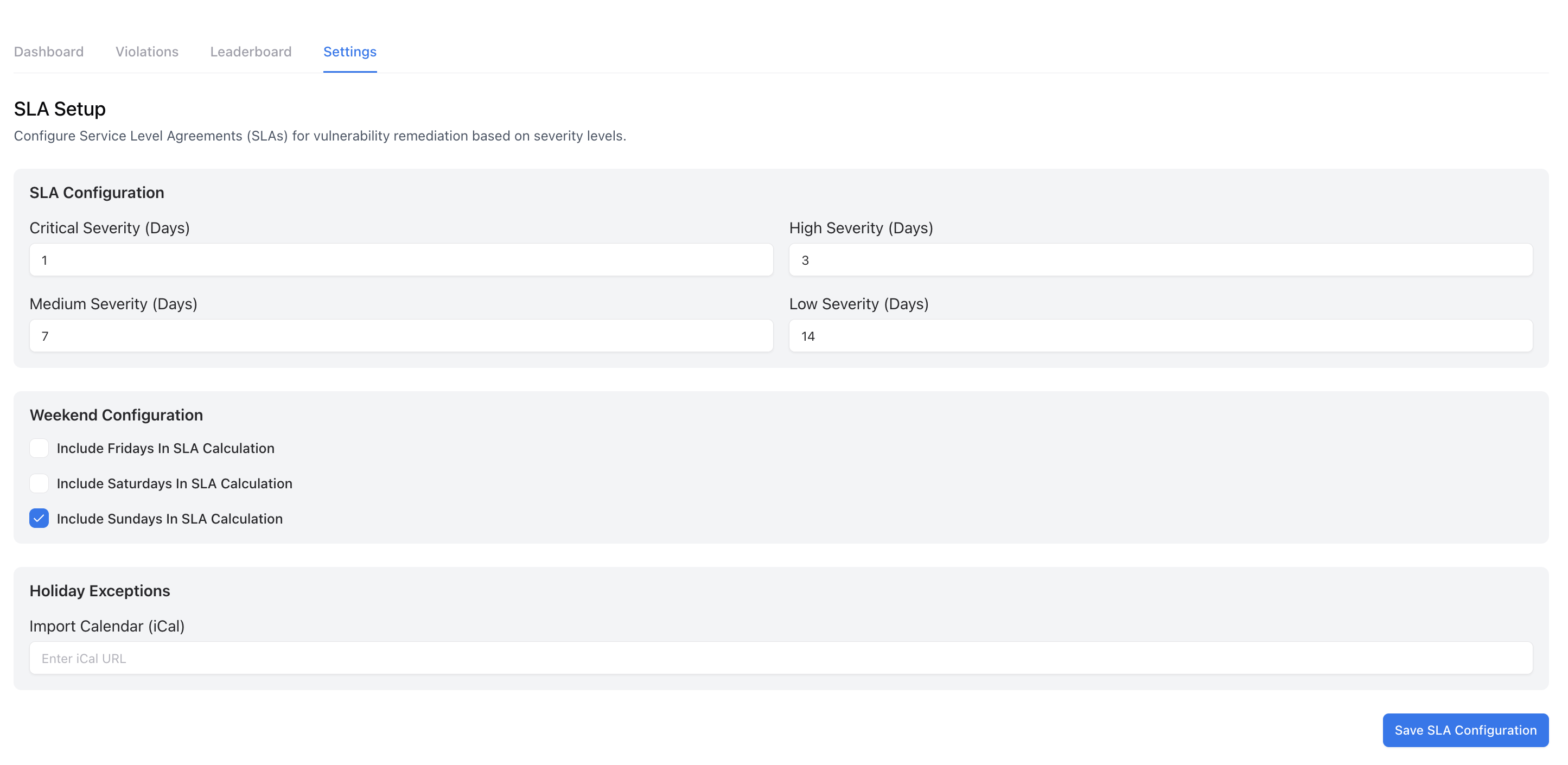 SLA Settings Configuration