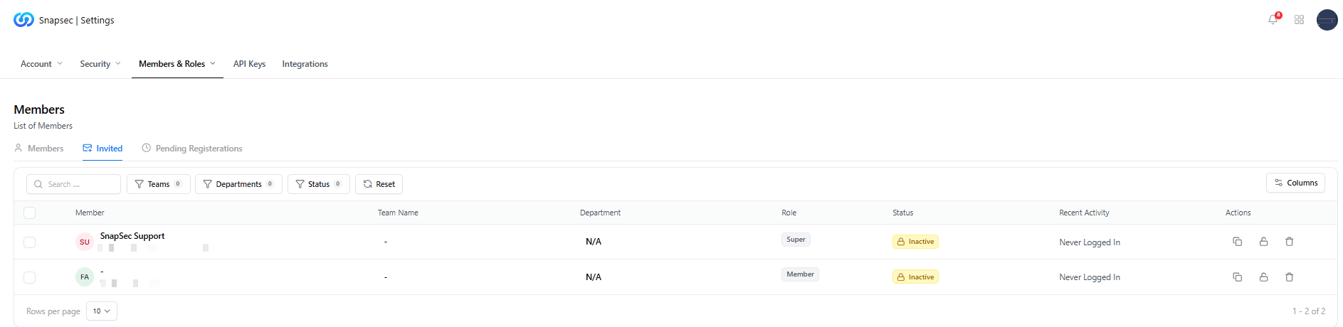 Invite members using email, role, and team selection