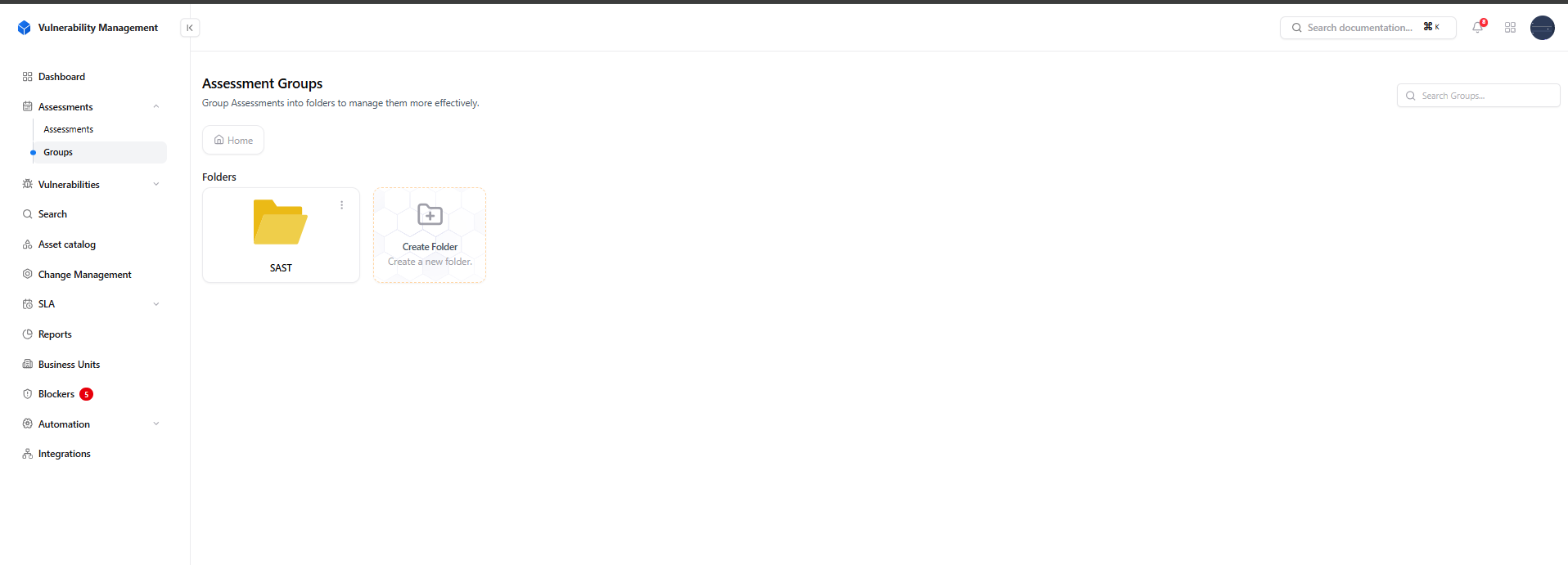 Assessment Groups page showing folders for grouping assessments