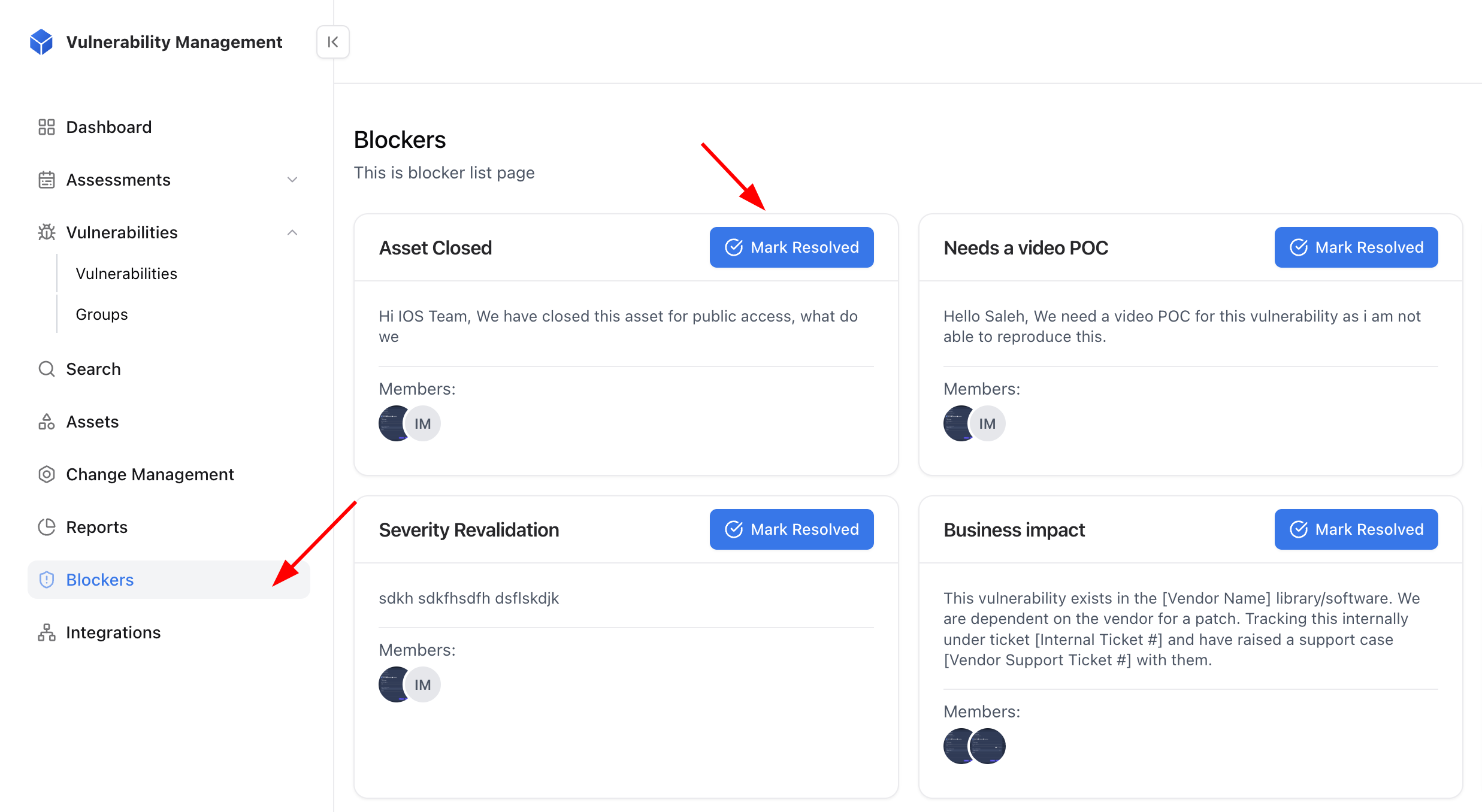 Blocker resolution and reopening activity log in vulnerability details