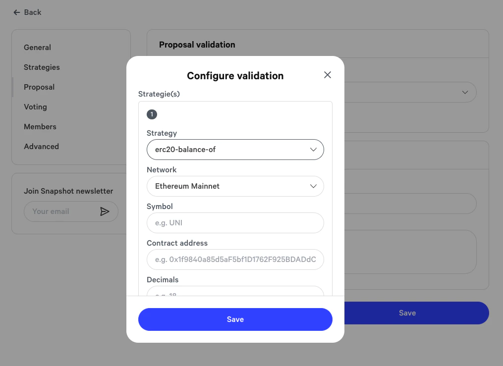 Use a custom setup using various Voting Strategies to calculate if a user is eligible to create a proposal or vote.