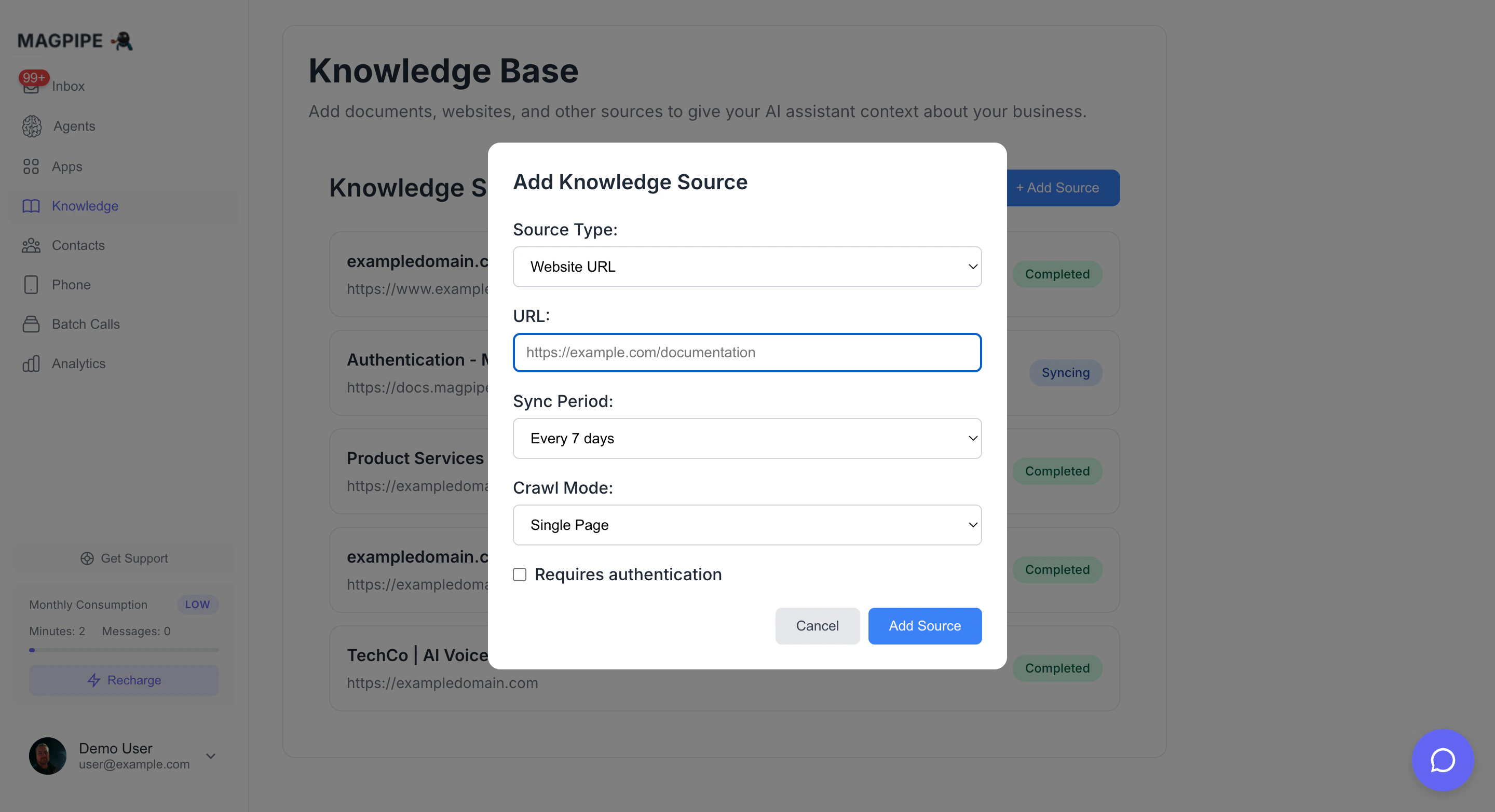 Add knowledge source modal