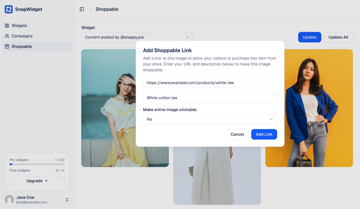 The Add Shoppable Link window with a product link and description