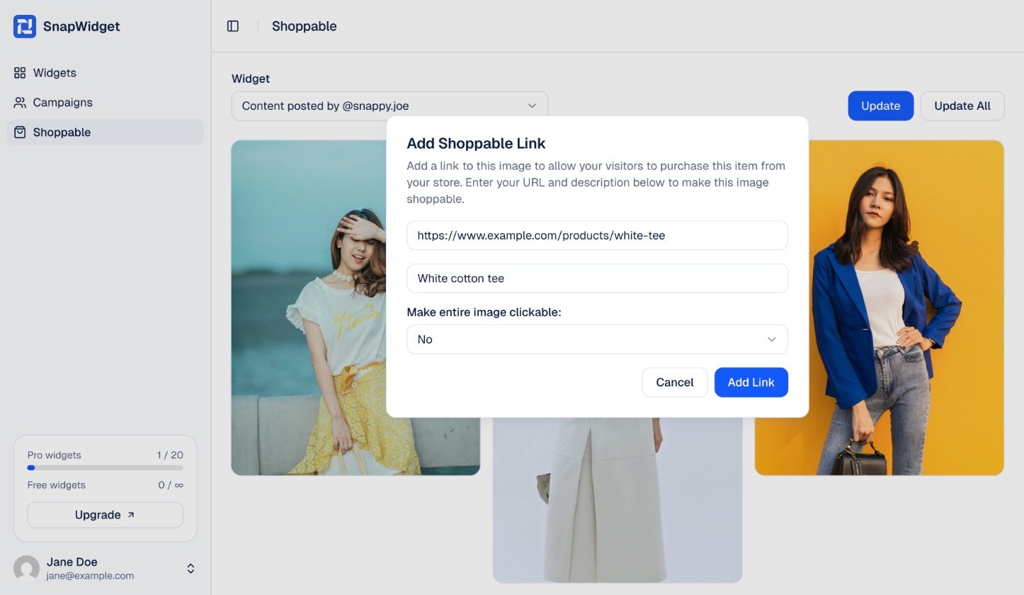 The Add Shoppable Link window with a product link and description