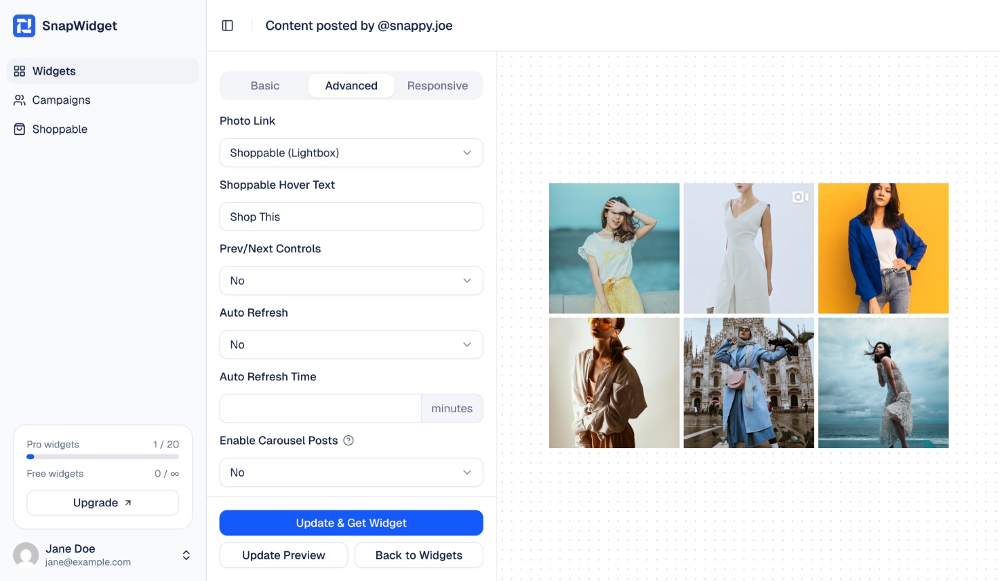 Photo Link set to Shoppable (Lightbox) with the Shoppable Hover Text field