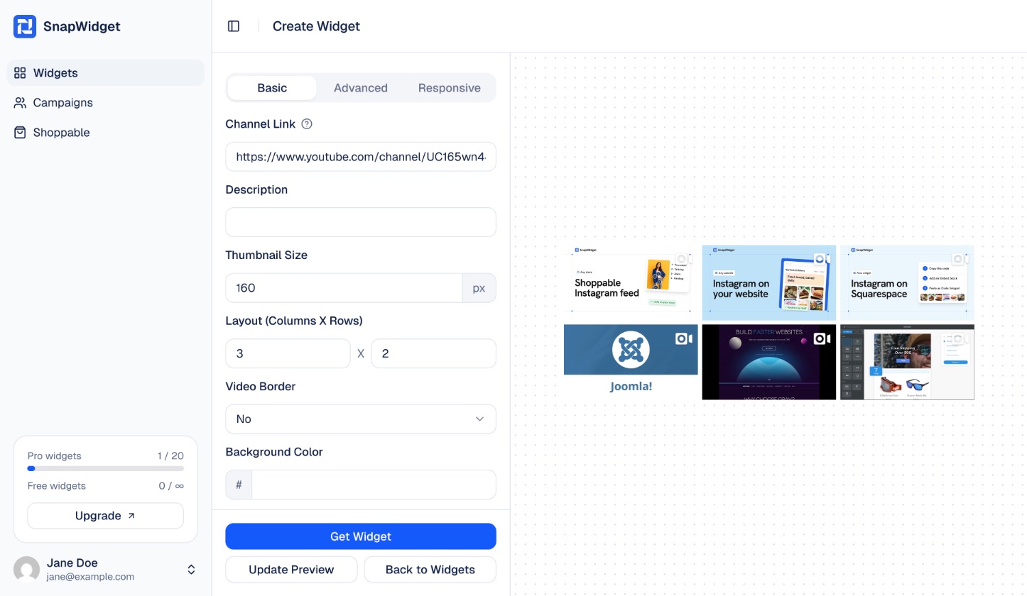A YouTube channel link in the Channel Link field, with the channel's videos in the preview