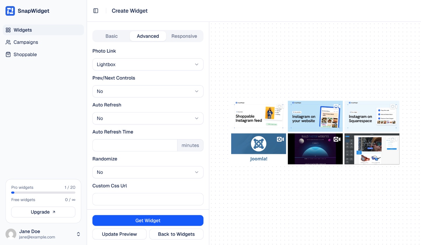 Photo Link set to Lightbox on the Advanced tab of a YouTube widget