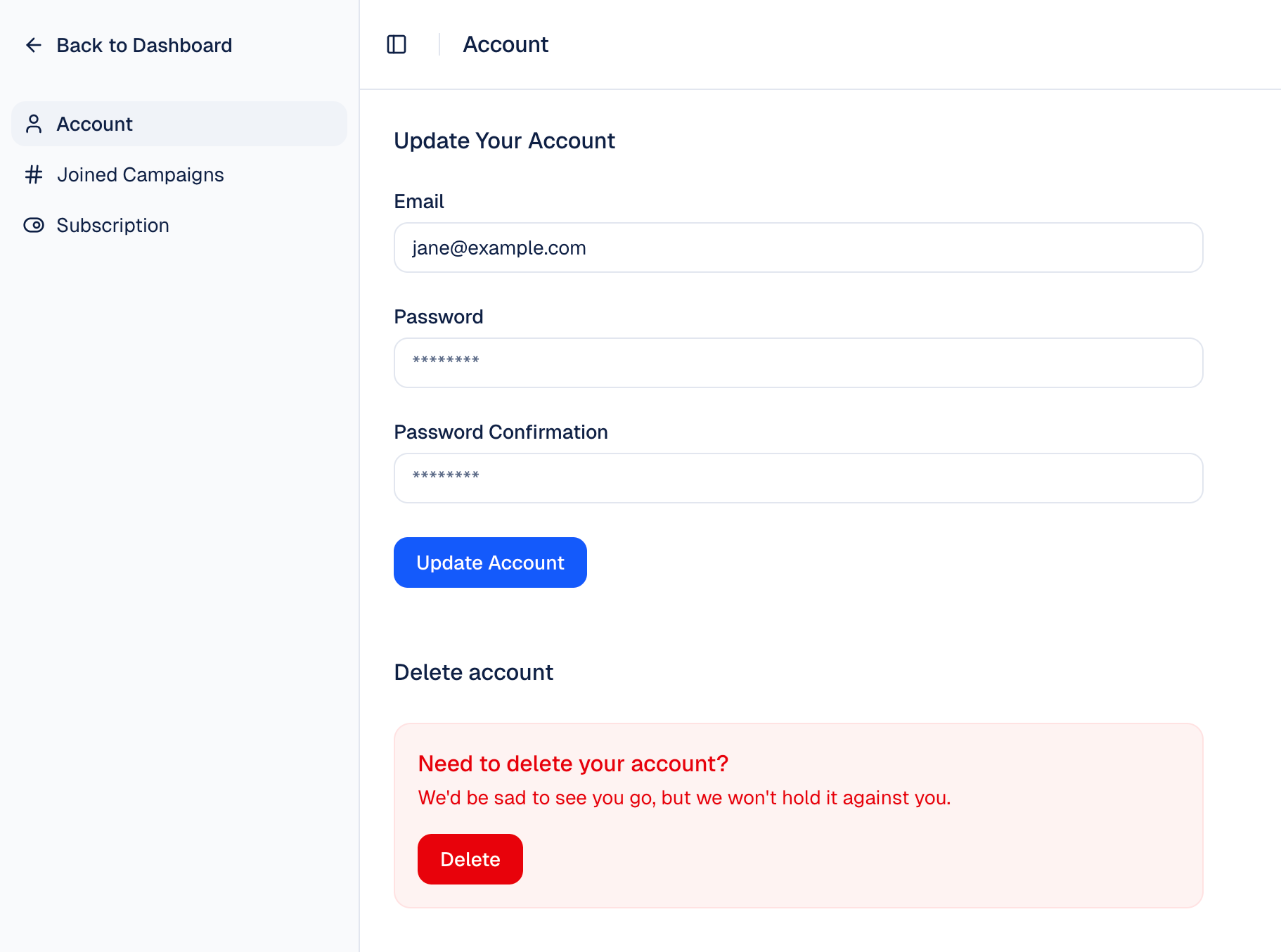 Settings > Account with the Delete account box