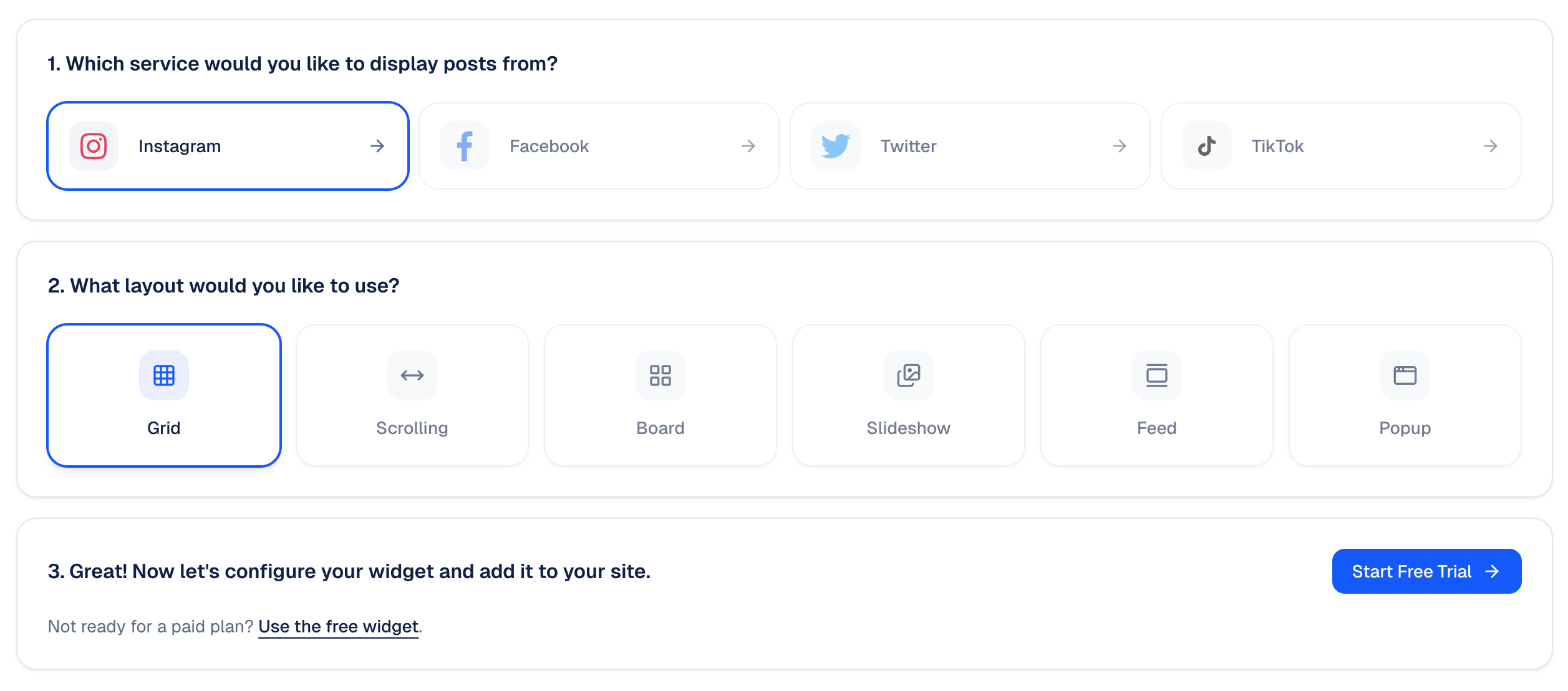 Choose Instagram, a layout, and a free or Pro widget