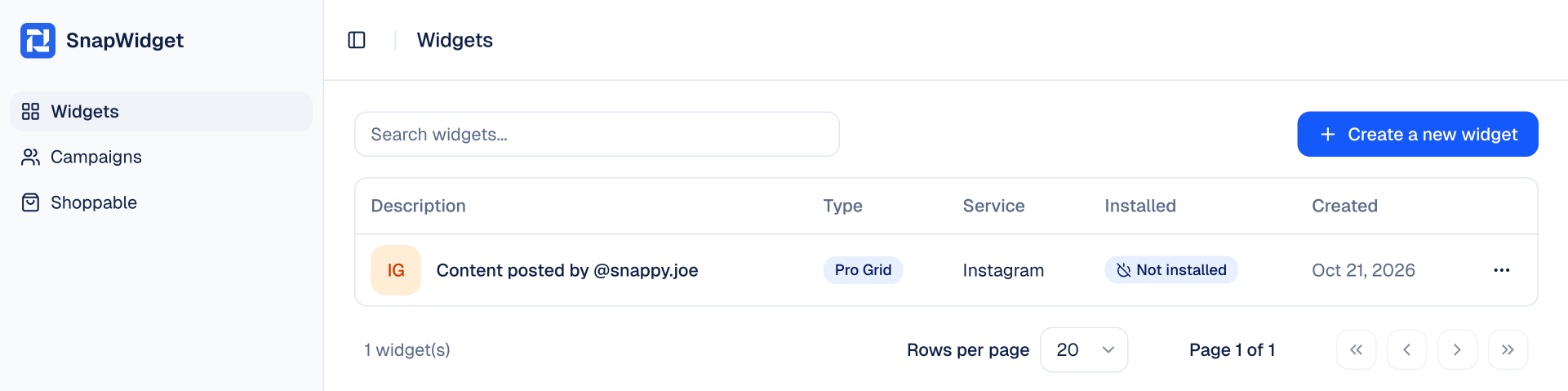 The dashboard with a list of widgets and the Search widgets field