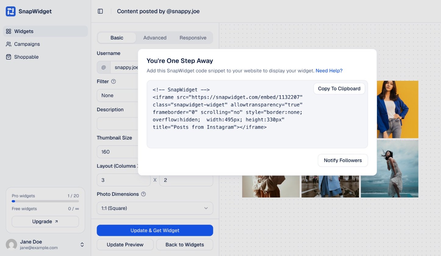The You're One Step Away window with the widget code