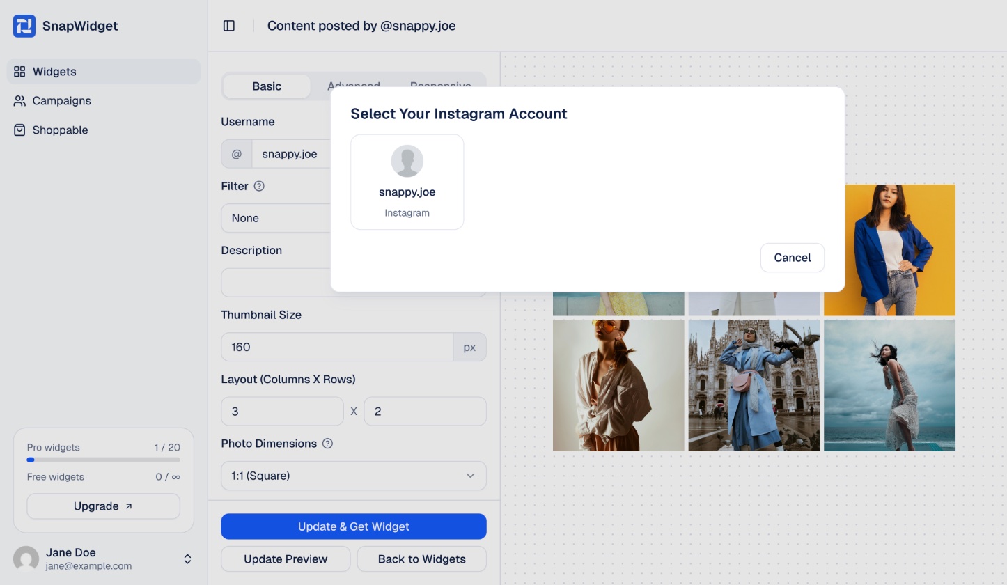 The Select Your Instagram Account window with an account to click