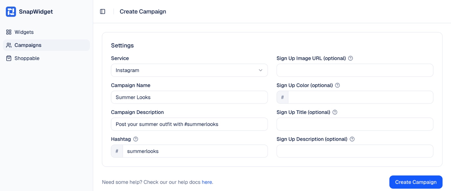 The Create Campaign form with a name, description and hashtag