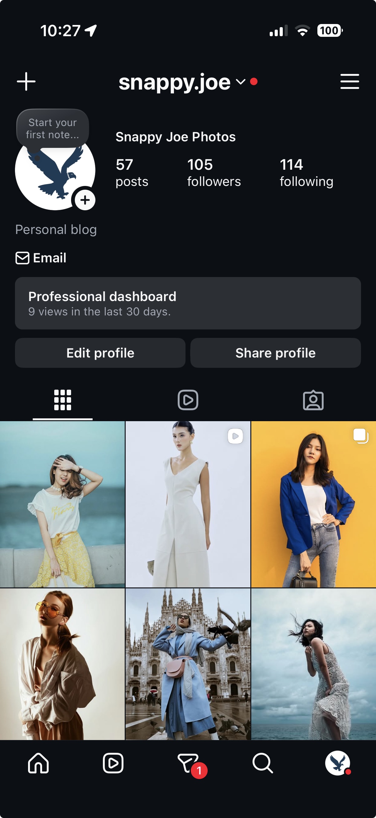An Instagram profile with the menu icon in the top right