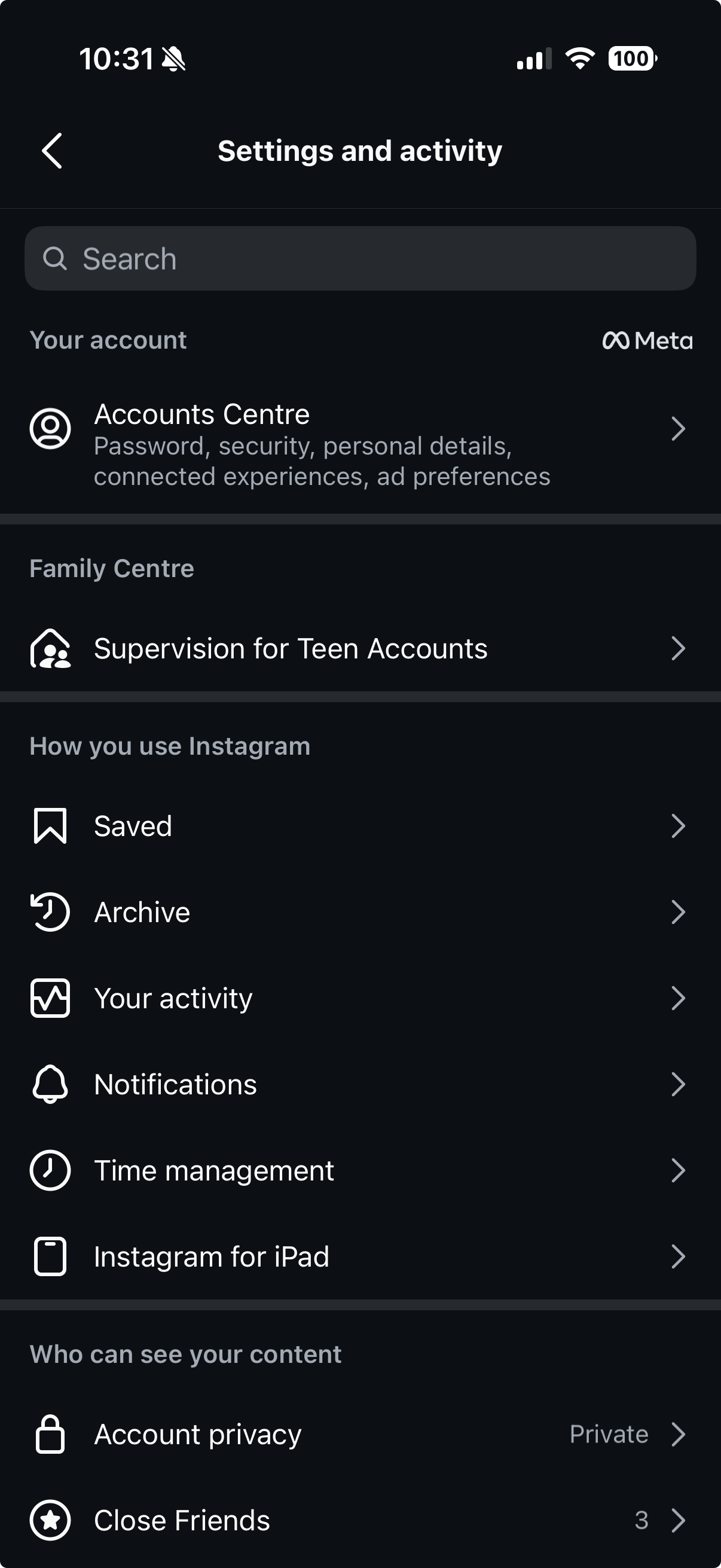 The Settings and activity screen in Instagram