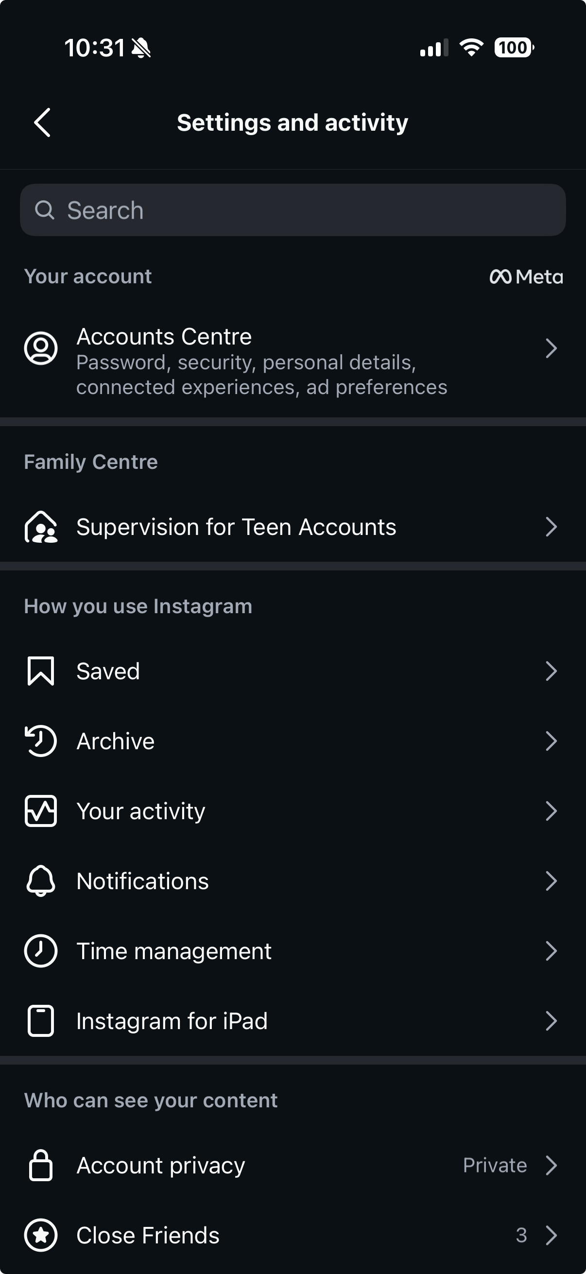 The Settings and activity screen in Instagram