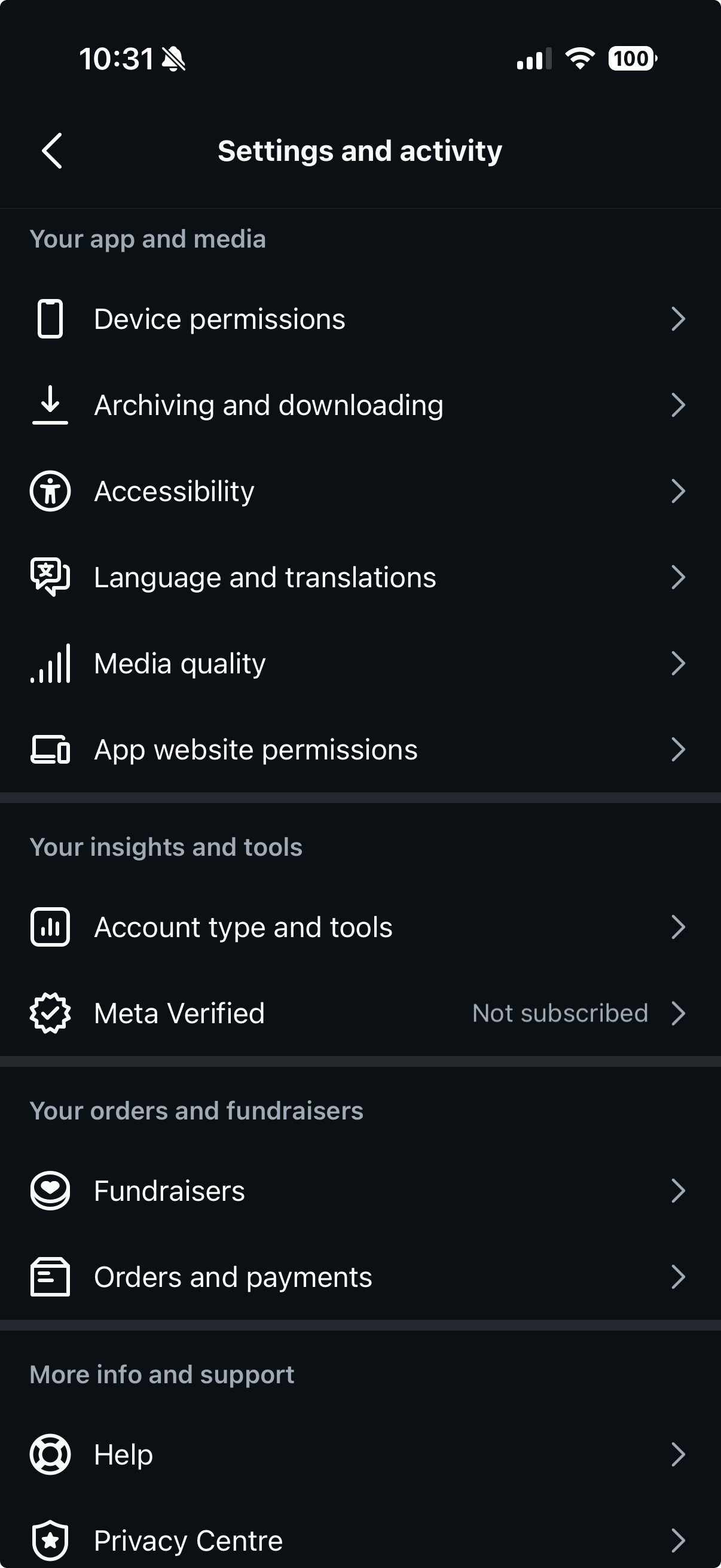 Account type and tools in the Settings and activity list