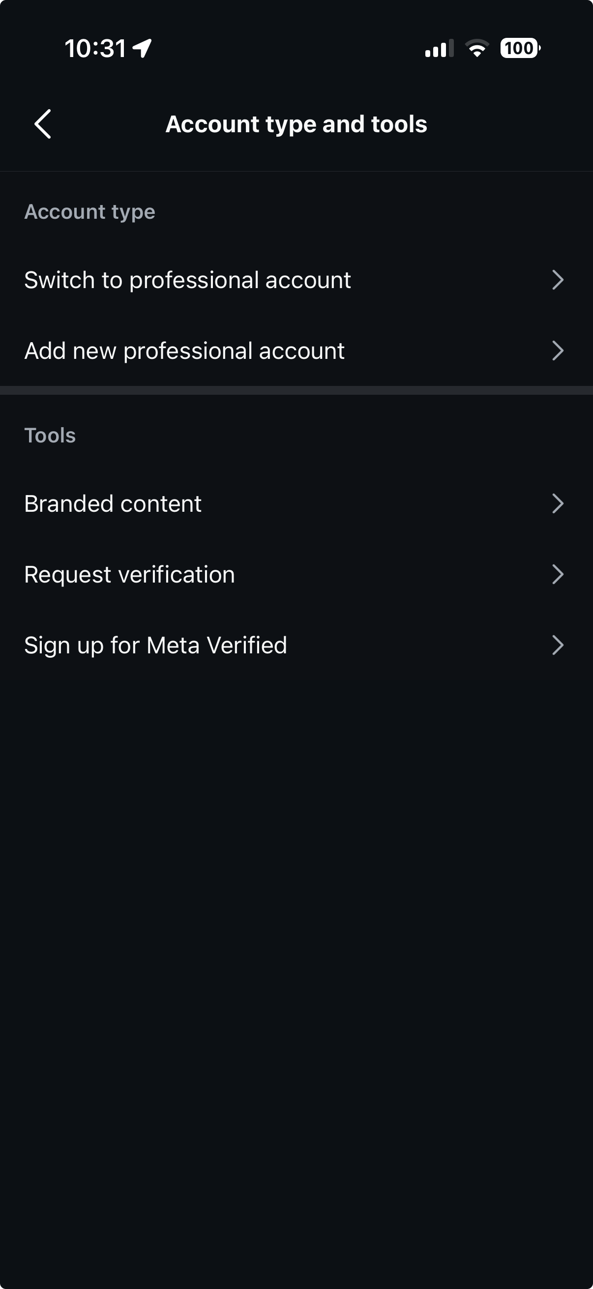 The Account type and tools screen with Switch to professional account