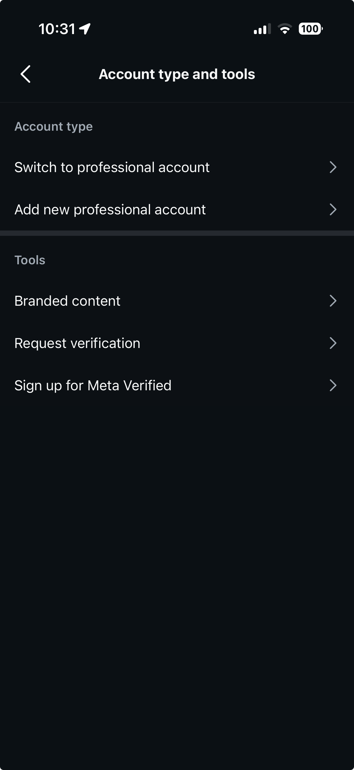 The Account type and tools screen with Switch to professional account
